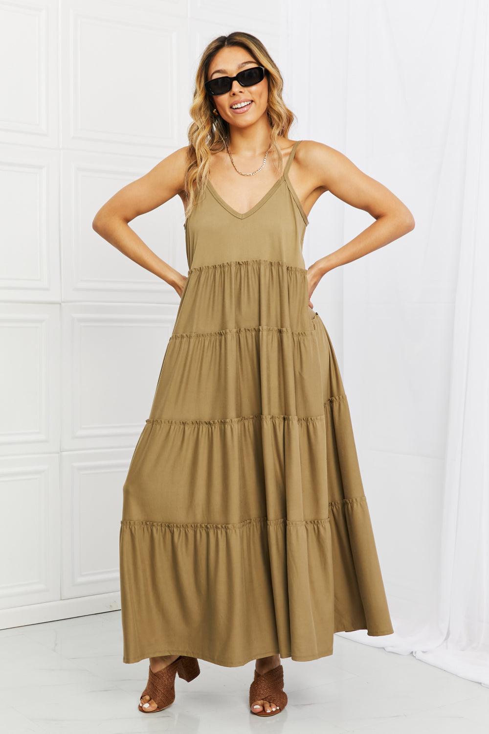 Zenana Full Size Spaghetti Strap Tiered Dress with Pockets in Khaki